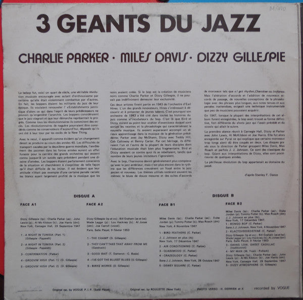 Charlie Parker - Miles Davis - Dizzy Gillespie – 3 Géants Du Jazz
