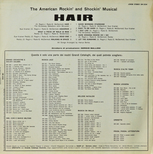 Reddy, Sue Kramer, The Broadway Matadors ‎– Hair - The American Rockin' And Shockin' Musical