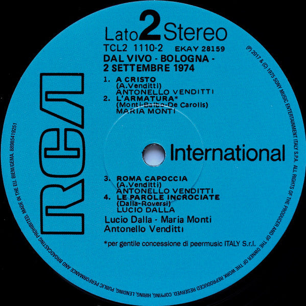 Dalla / De Gregori / Monti / Venditti ‎– Dal Vivo - Bologna 2 Settembre 1974