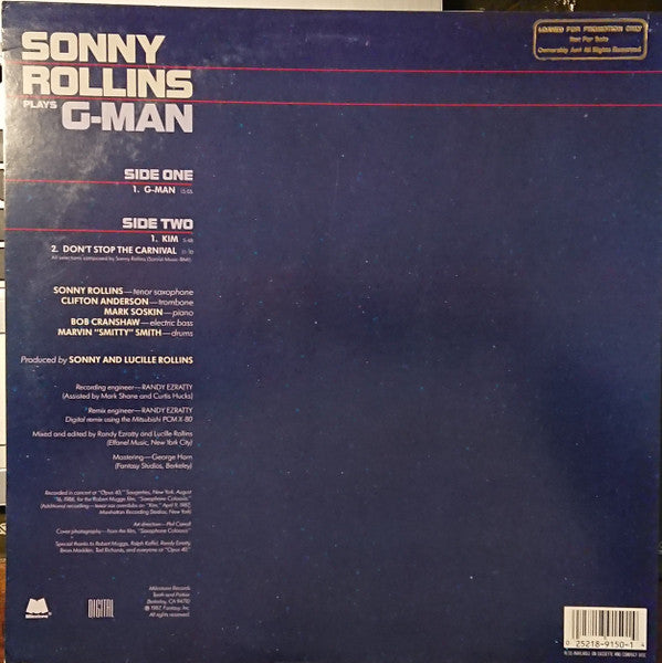 Sonny Rollins - Sonny Rollins Plays G-Man And Other Music For The Soundtrack Of The Robert Mugge Film "Saxophone Colossus"