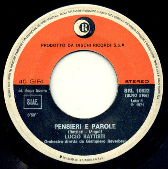 Lucio Battisti - Pensieri E Parole (7")