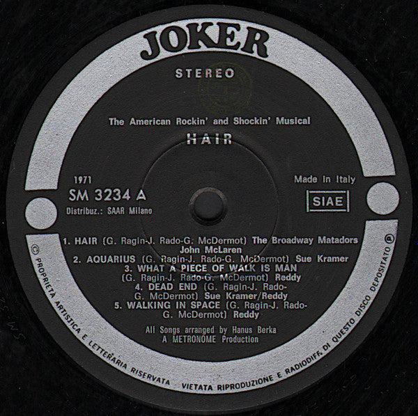 Reddy, Sue Kramer, The Broadway Matadors ‎– Hair - The American Rockin' And Shockin' Musical
