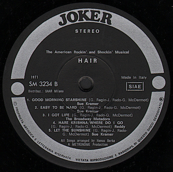 Reddy, Sue Kramer, The Broadway Matadors ‎– Hair - The American Rockin' And Shockin' Musical