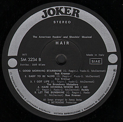 Reddy, Sue Kramer, The Broadway Matadors ‎– Hair - The American Rockin' And Shockin' Musical