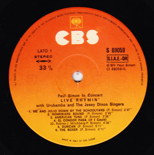 Paul Simon With Urubamba And The Jessy Dixon Singers ‎– Paul Simon In Concert - Live Rhymin'