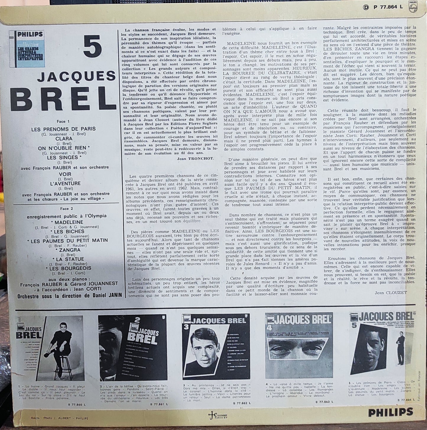 Jacques Brel - 5 / Collection Les Grands Auteurs & Compositeurs Interpretes