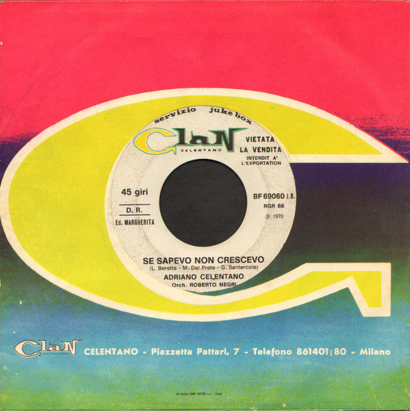 Adriano Celentano / Jerry Williams & Dynamite Brass – Se Sapevo Non Crescevo / Boogaloo Baby - (7") - (jukebox)