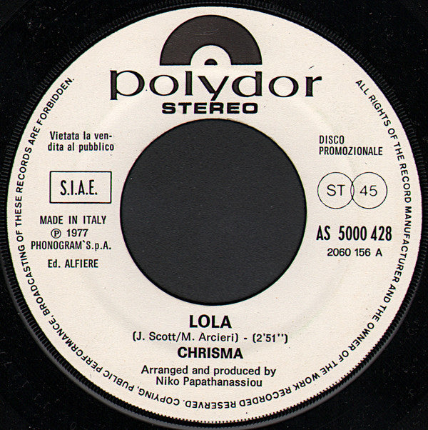 Chrisma / Pizza & Company ‎– Lola / Made In Italy ( 7'' - promo )